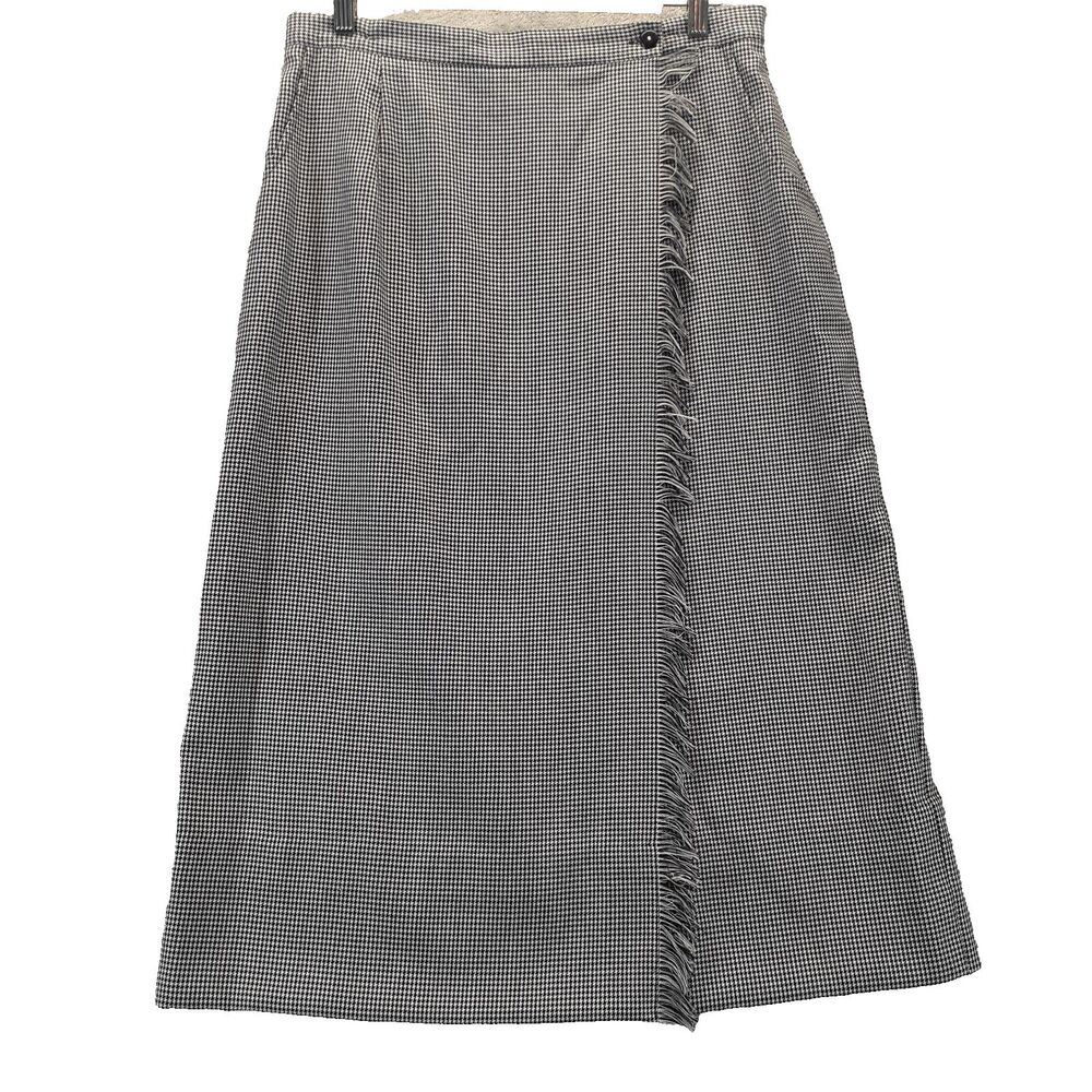 Stonebridge Women Sz 14 Midi Skirt Faux Wrap Black White Houndstooth Fringe